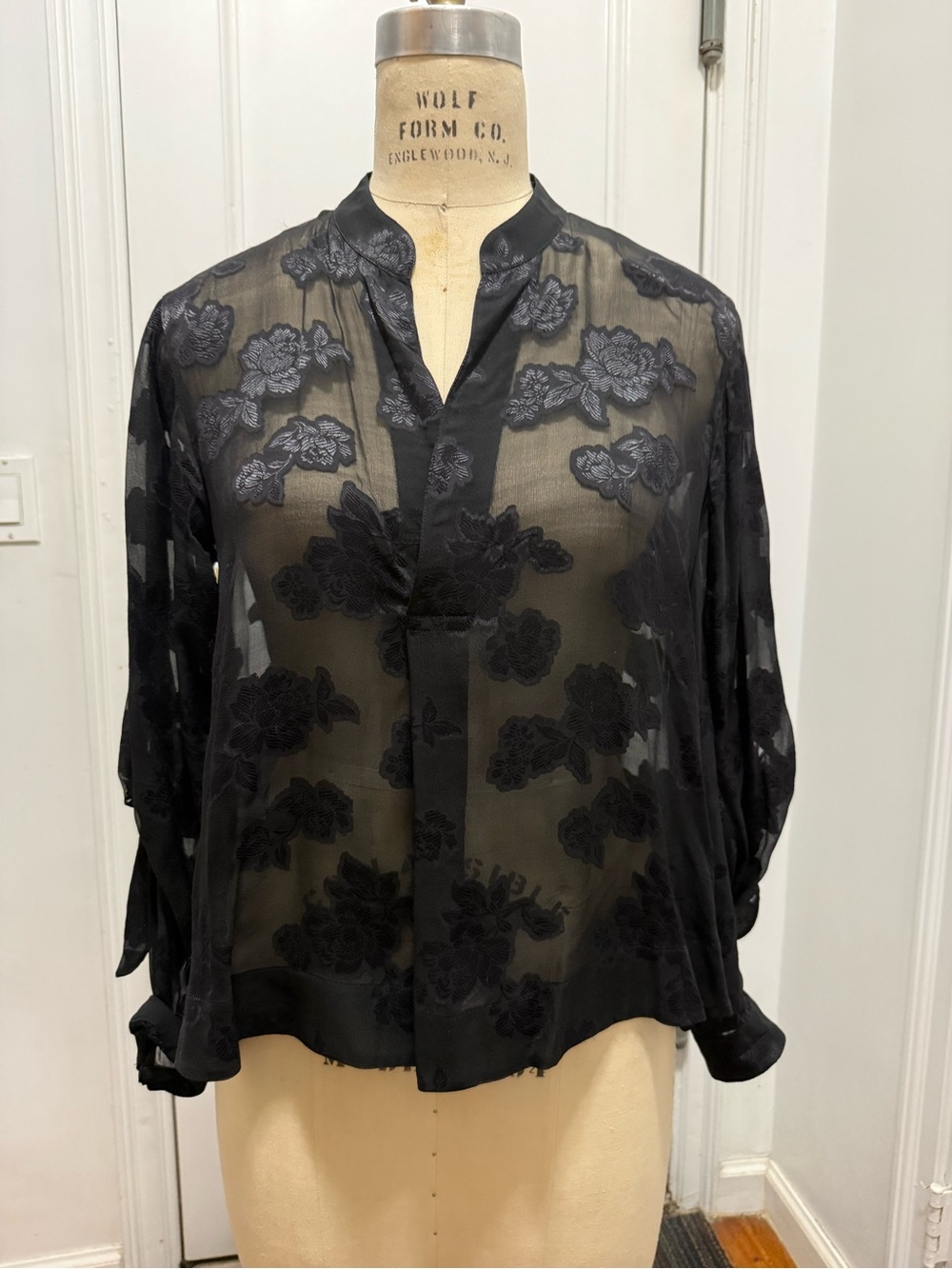Club Monaco Black Sheer Floral Embroidered Blouse